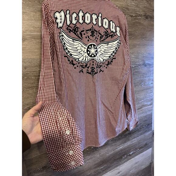 VICTORIOUS Urban Couture Sz L Men Shirt Long Sleeve Button Down Red Plaid Eagle - Picture 3 of 10